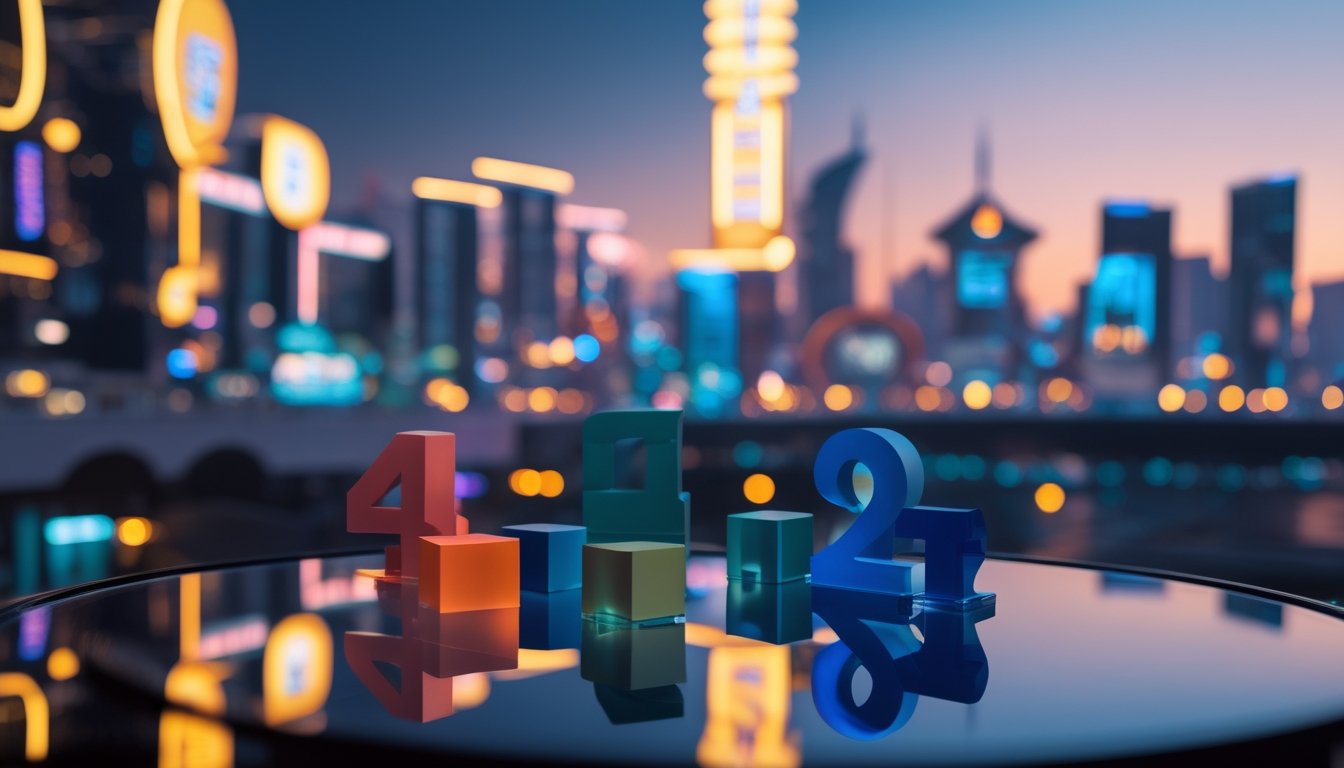 Pemandangan malam bergaya Macau dengan blok angka tiga dimensi dan keping warna-warni di atas meja kaca.