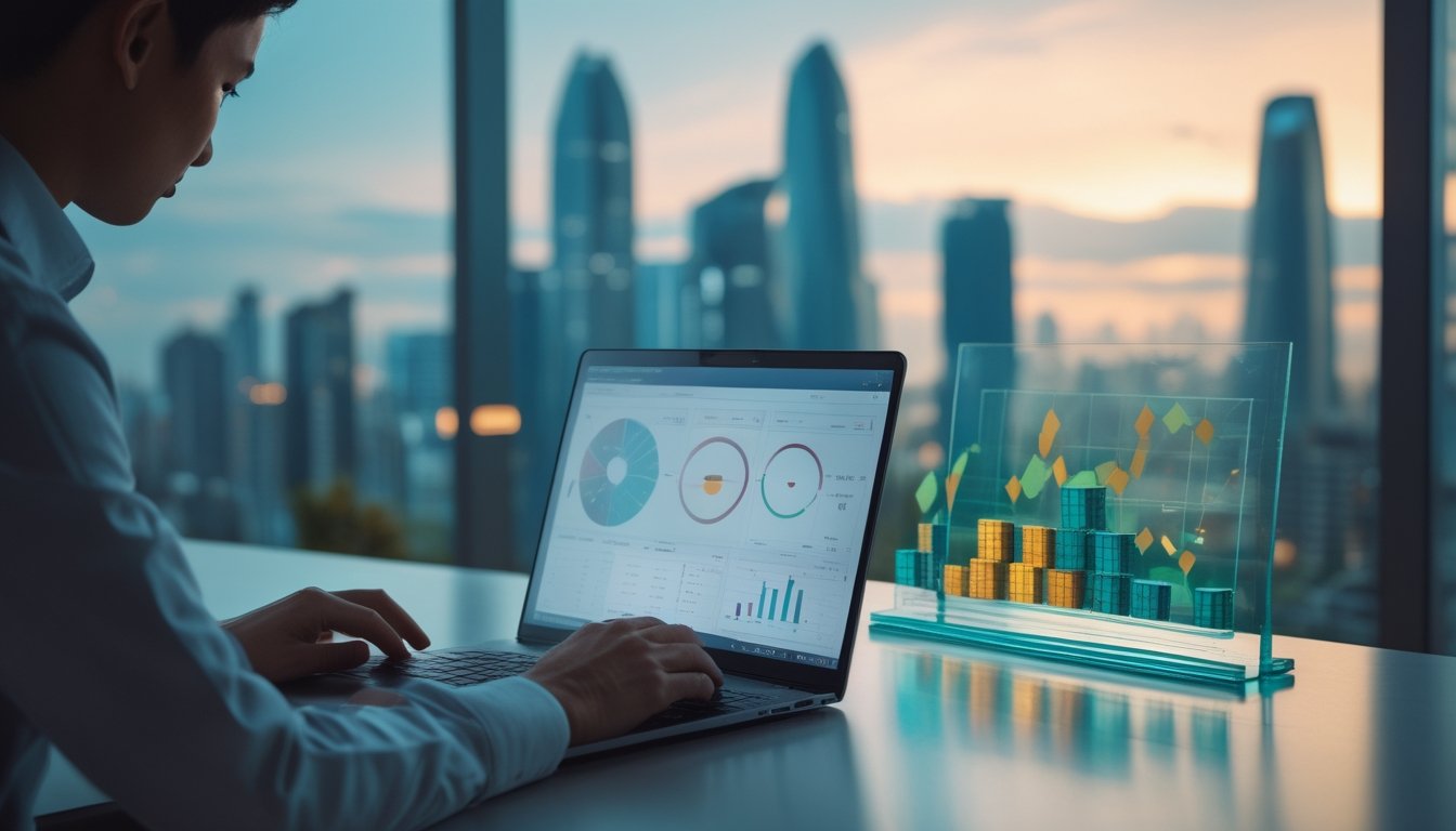 Seorang analis mempelajari data dan grafik probabilitas di ruang kerja modern dengan latar kota Macau.