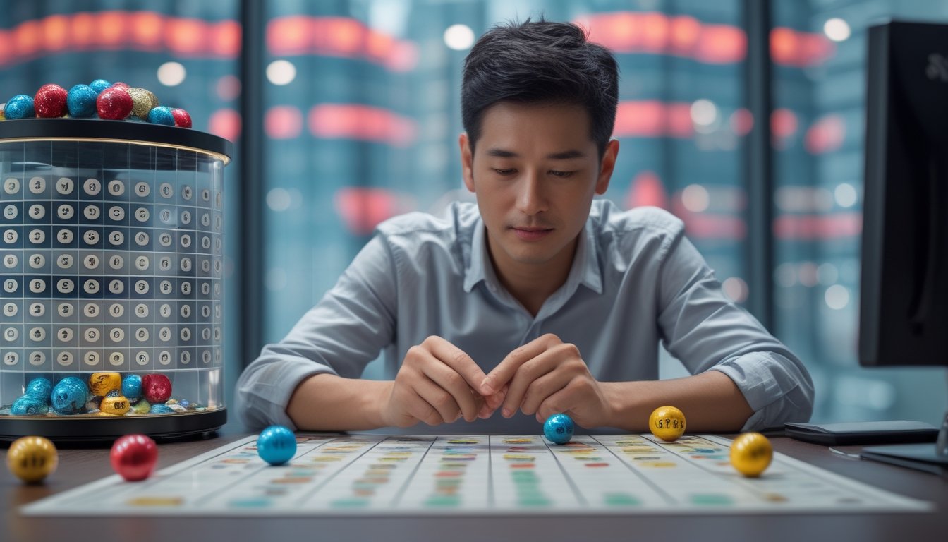 Seseorang mempelajari bola undian dan grafik probabilitas di meja dengan mesin lotre di latar belakang.