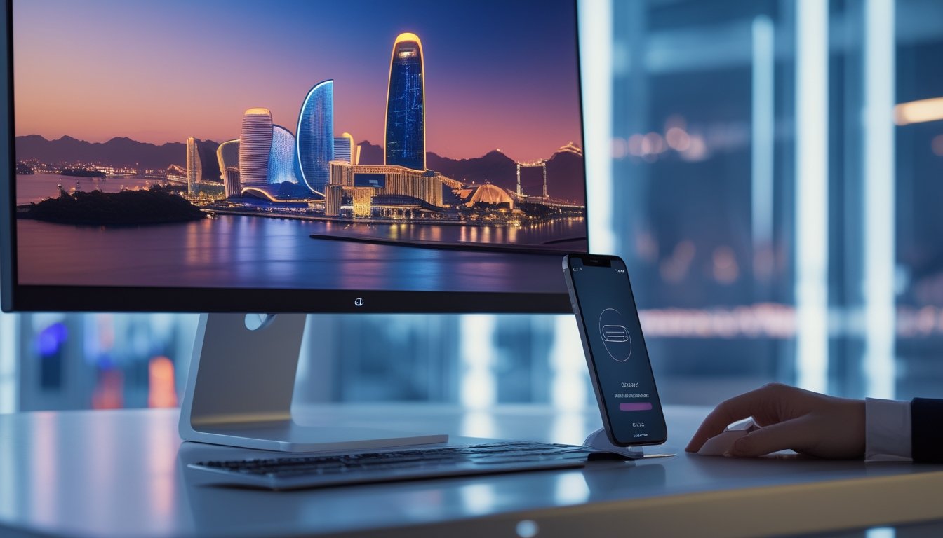 Monitor dan ponsel menampilkan platform digital bertema kota Macau dengan tanda pembayaran berhasil.