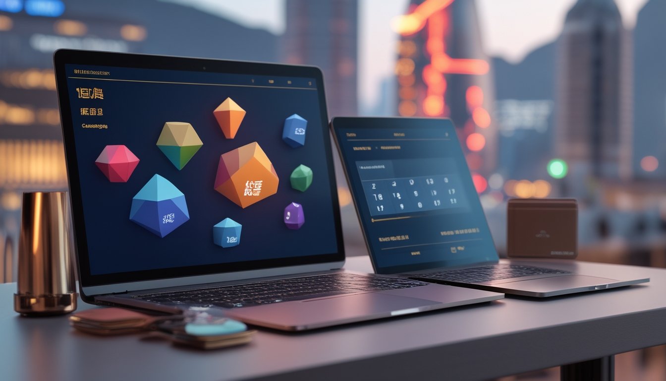 Perangkat digital menampilkan grafis permainan angka 3D dengan latar arsitektur bergaya Macau dan aksesori pembayaran.