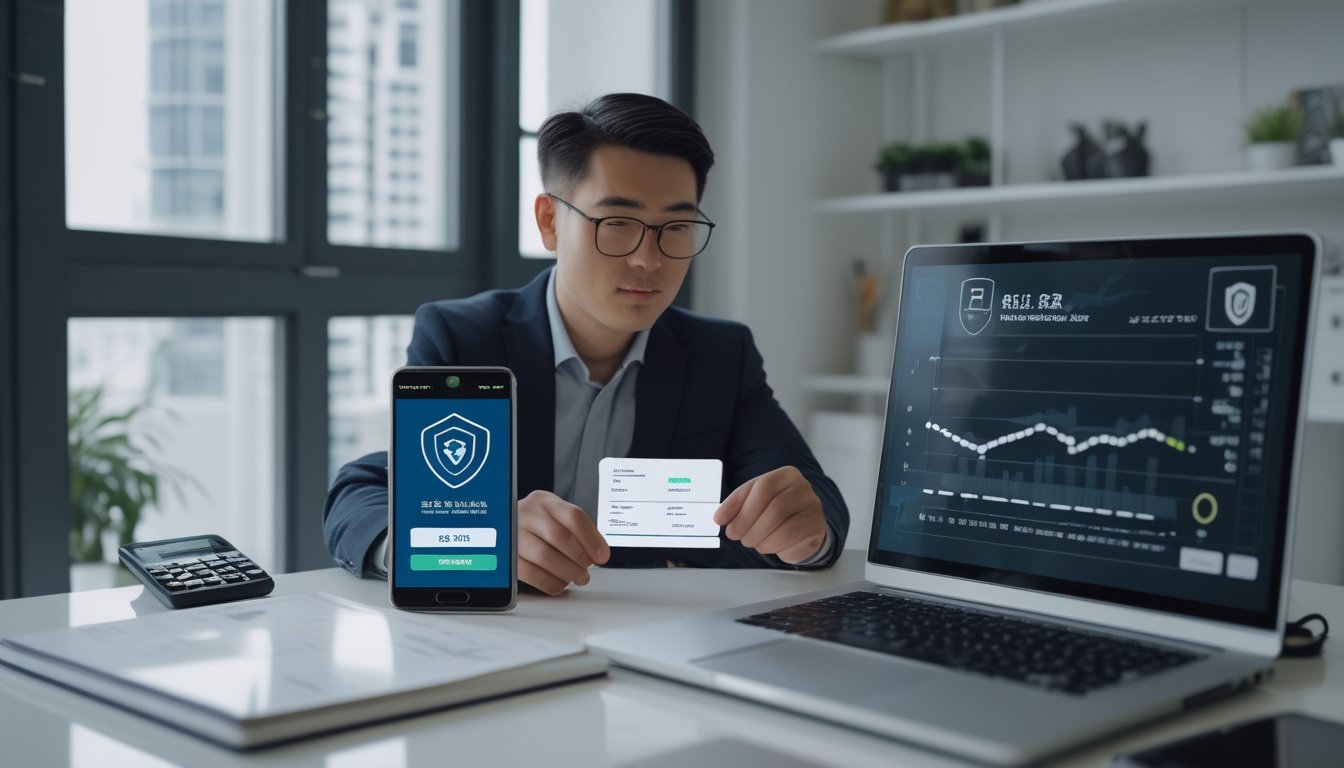 Orang dewasa meninjau grafik data dan pembayaran digital di ruang kerja modern.