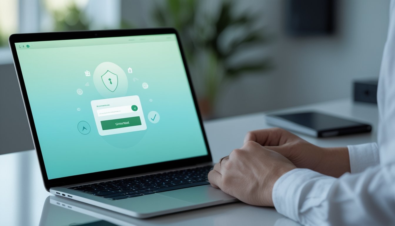 Seseorang memeriksa laptop dan ponsel dengan ikon perisai, gembok, dan tanda verifikasi.