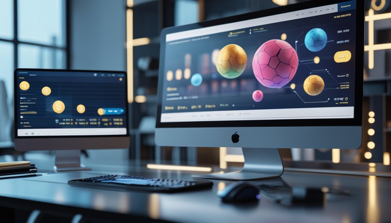 Meja kerja modern dengan monitor dan ponsel yang menampilkan grafik abstrak serta bola undian berwarna-warni.