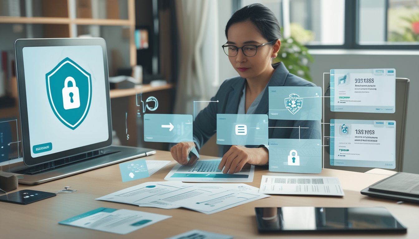 Seorang profesional memeriksa platform digital dengan simbol keamanan dan verifikasi di ruang kerja modern.
