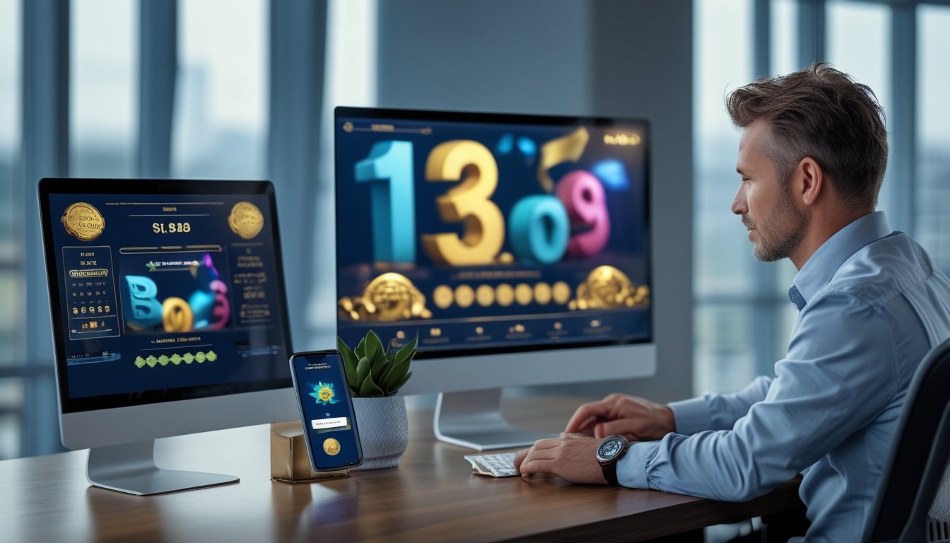 Seseorang melihat antarmuka digital abstrak dengan angka tiga dimensi di monitor dan ponsel pada meja kerja modern.