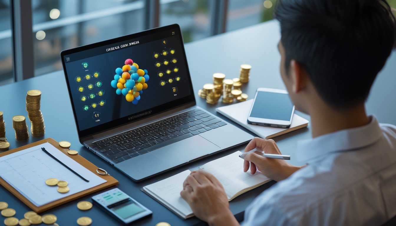 Seseorang menganalisis angka dan grafik abstrak di meja kerja dengan laptop, kalkulator, dan koin.