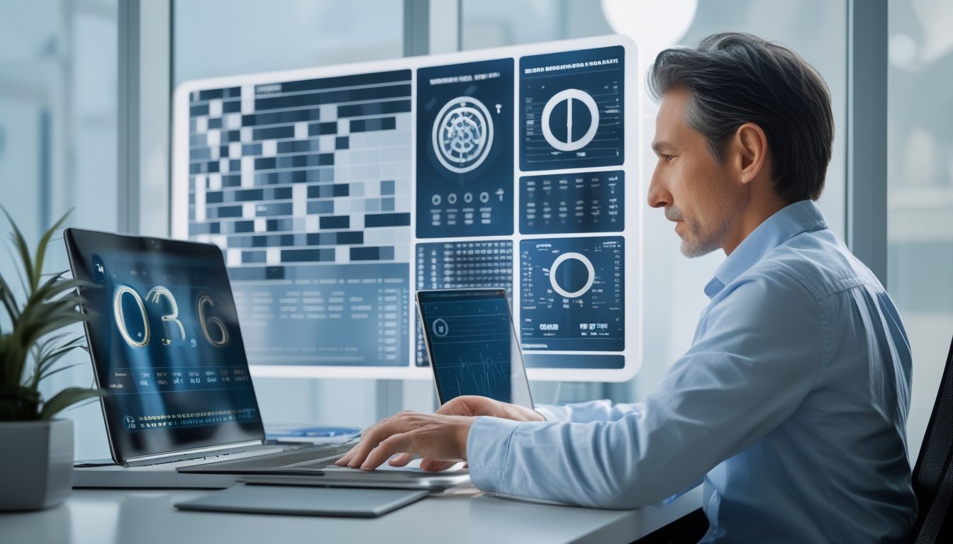 Seorang analis dewasa mempelajari kombinasi angka abstrak dan diagram probabilitas di meja kerja dengan laptop.