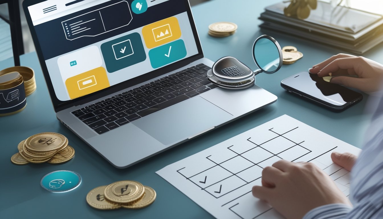 Laptop dan ponsel di meja kerja dengan kaca pembesar, ikon perisai, dan daftar pemeriksaan untuk menilai keamanan platform digital.