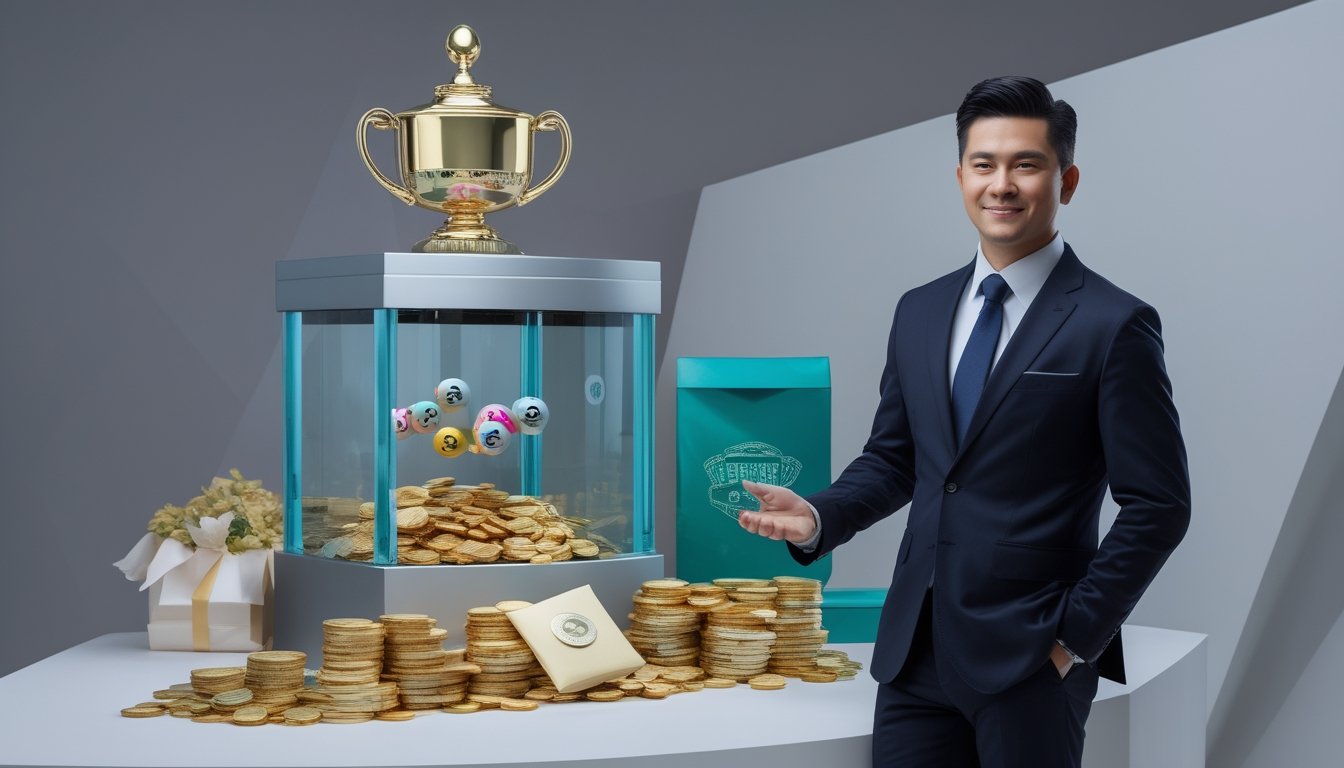 Presenter berdiri di samping mesin undian transparan dengan bola bernomor, koin emas, amplop hadiah, dan piala.