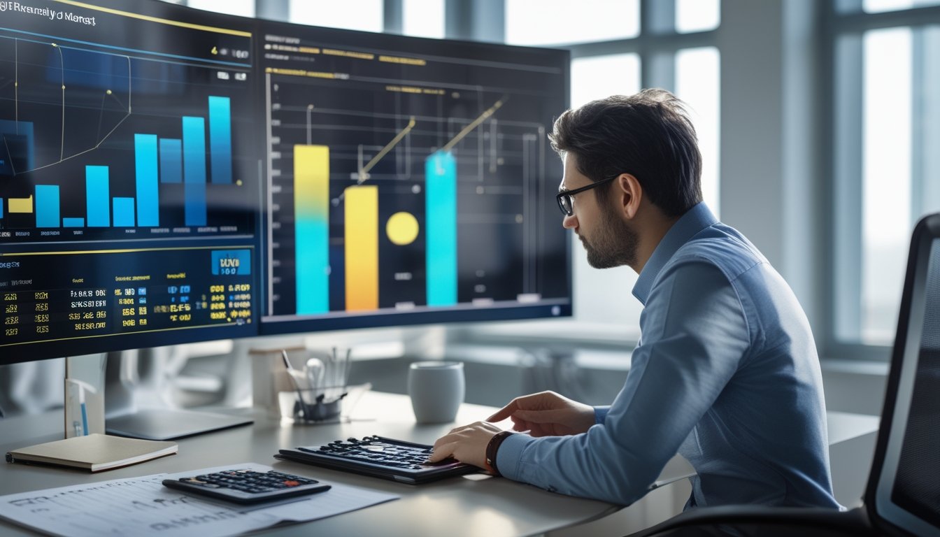 Seorang analis memeriksa visualisasi data 3D dan grafik abstrak di ruang kerja modern.