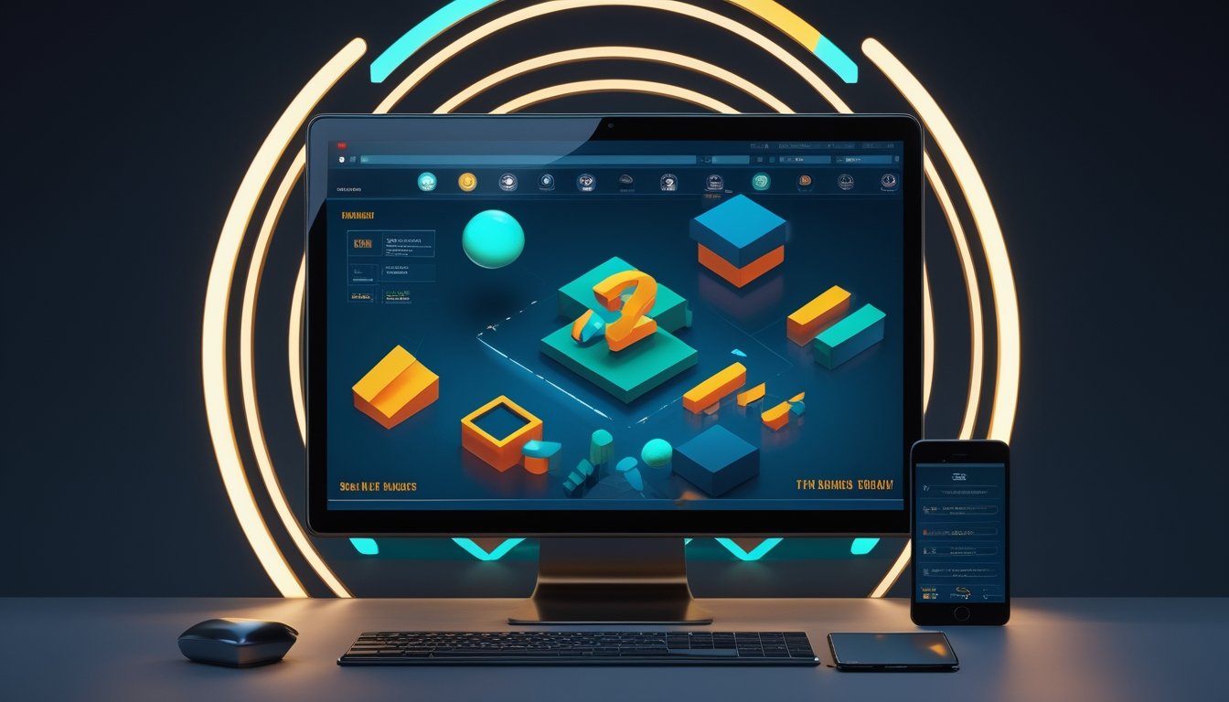 Meja kerja modern dengan monitor dan ponsel yang menampilkan bentuk geometris 3D berwarna-warni.