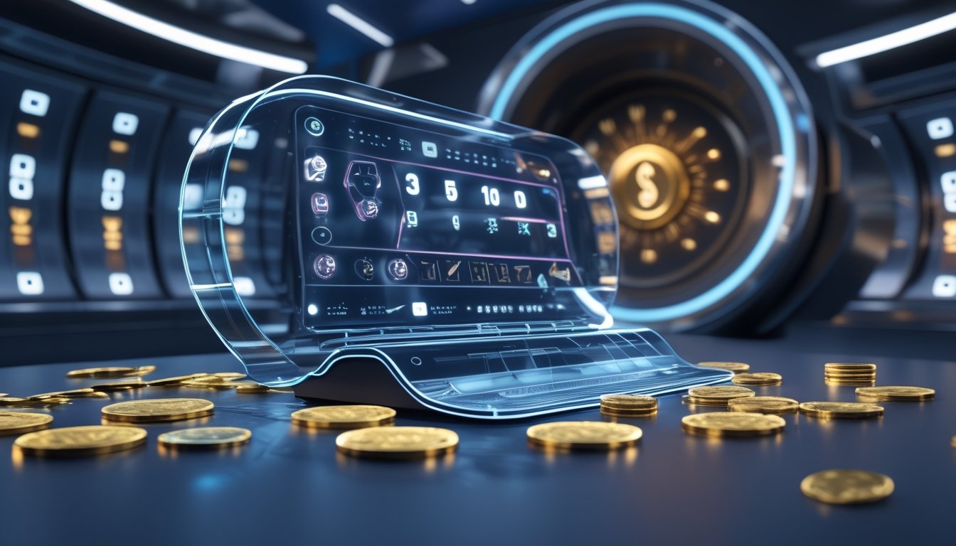 Tampilan holografik futuristis dengan koin emas, token, dan brankas hadiah bercahaya.