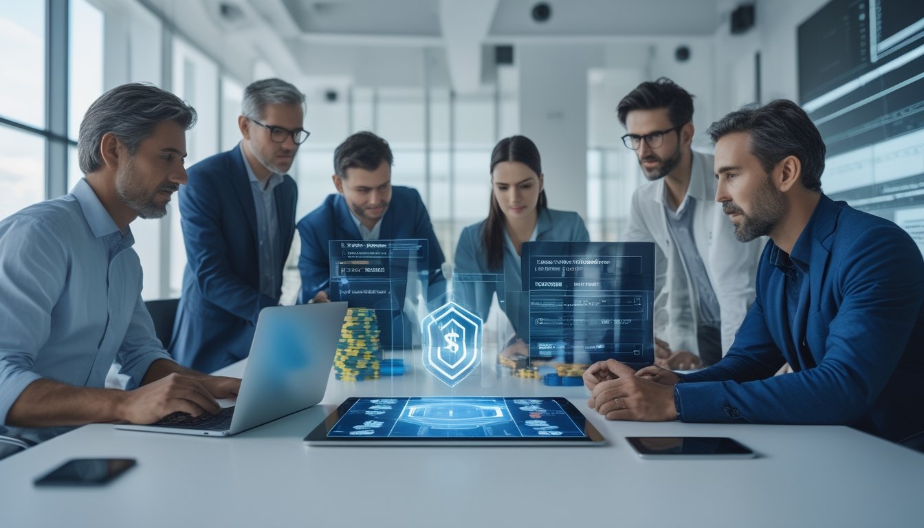 Tim analis memeriksa platform digital dengan simbol keamanan dan elemen verifikasi di kantor modern.