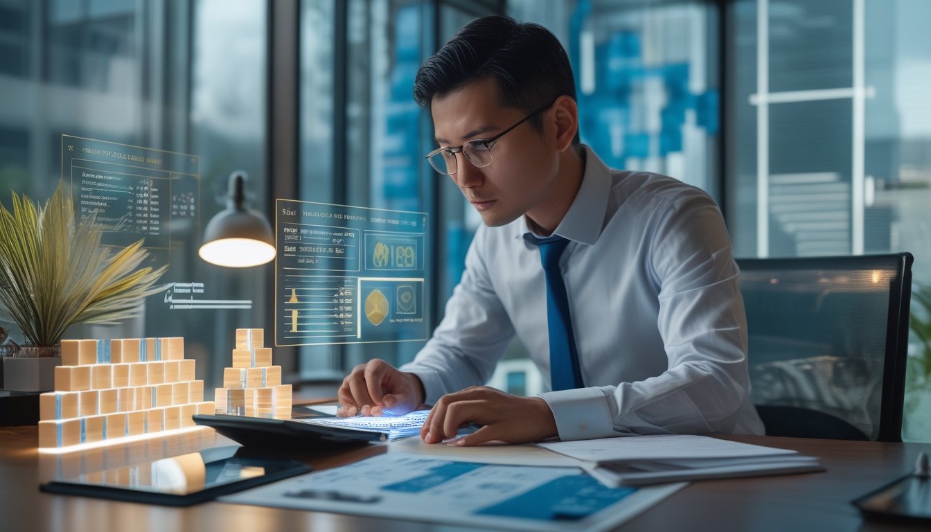Seorang analis mempelajari kubus angka tiga dimensi dan grafik statistik di meja kerja.
