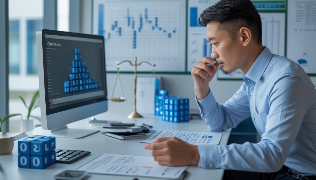 Seorang analis mempelajari grafik peluang dan kubus angka tiga dimensi di meja kerja.