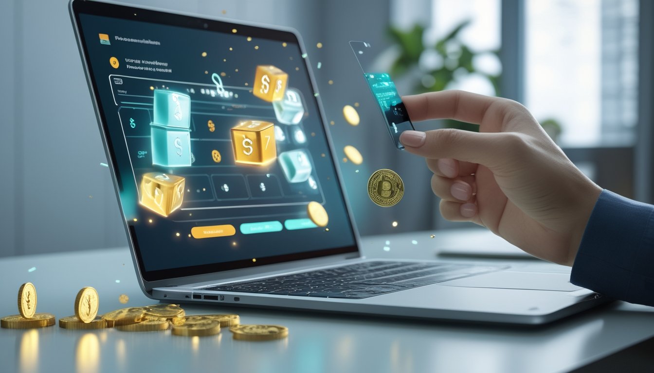 Tangan melakukan pembayaran digital melalui ponsel di samping perangkat dengan elemen permainan 3D dan simbol hadiah.