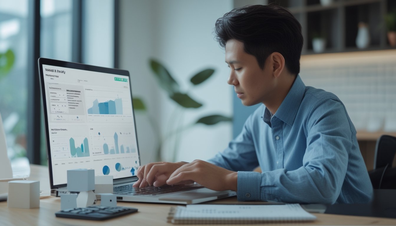 Orang dewasa menganalisis grafik statistik di laptop dengan kubus angka 3D dan kalkulator di meja.
