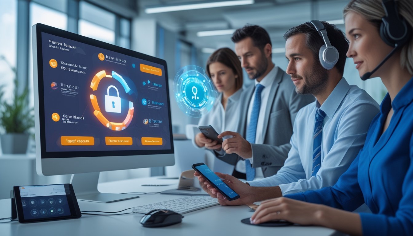 Orang-orang menggunakan perangkat digital dengan ikon keamanan dan pembayaran pada platform permainan daring.
