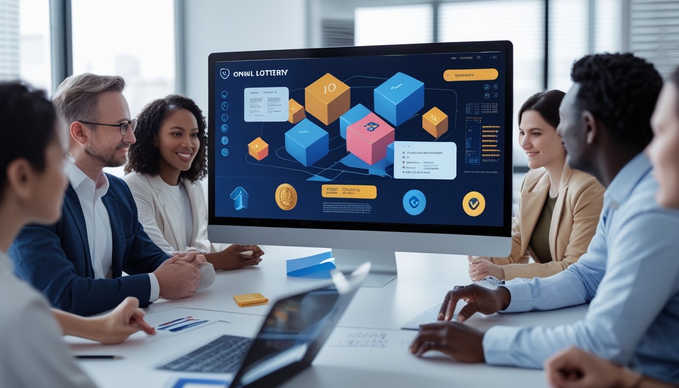 Tim dewasa menganalisis permainan angka digital 3D pada layar komputer di kantor modern.