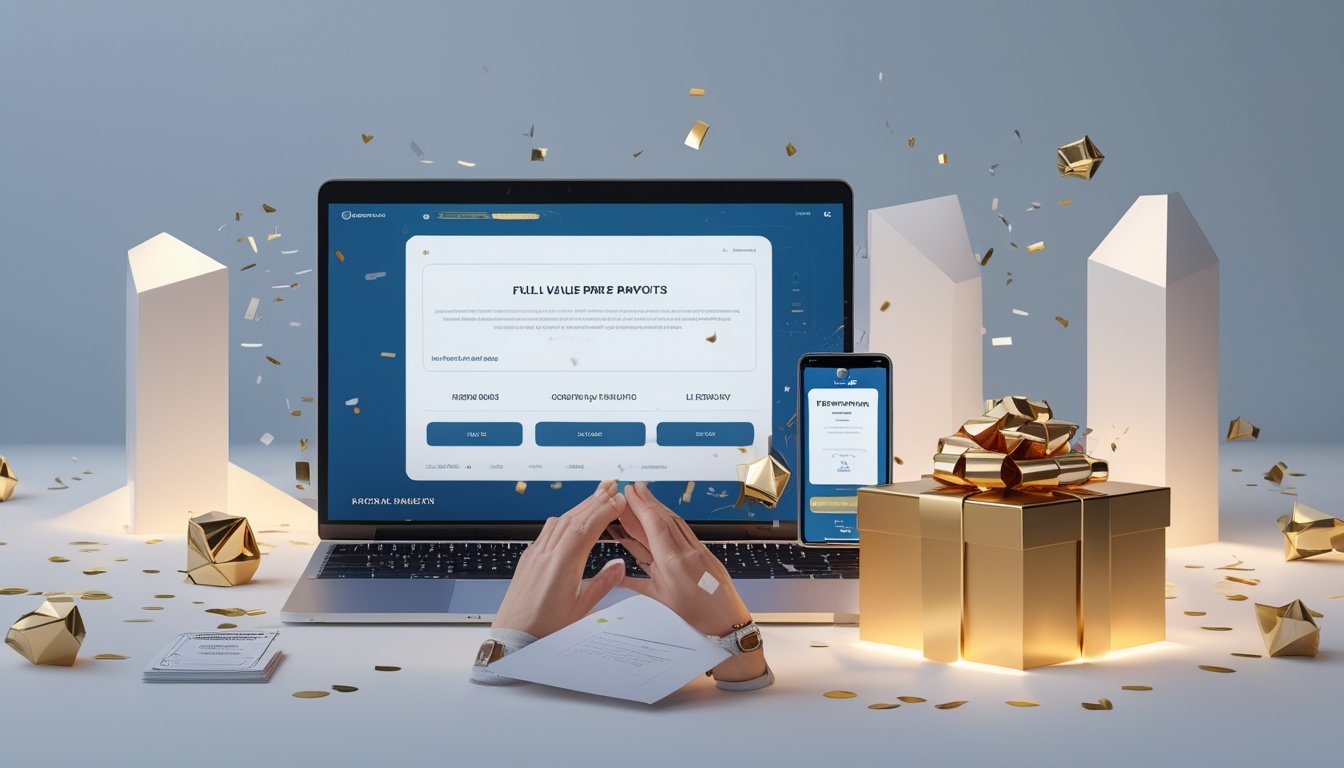 Orang dewasa melihat antarmuka digital dengan elemen hadiah dan bentuk geometris bercahaya di ruang kerja modern.
