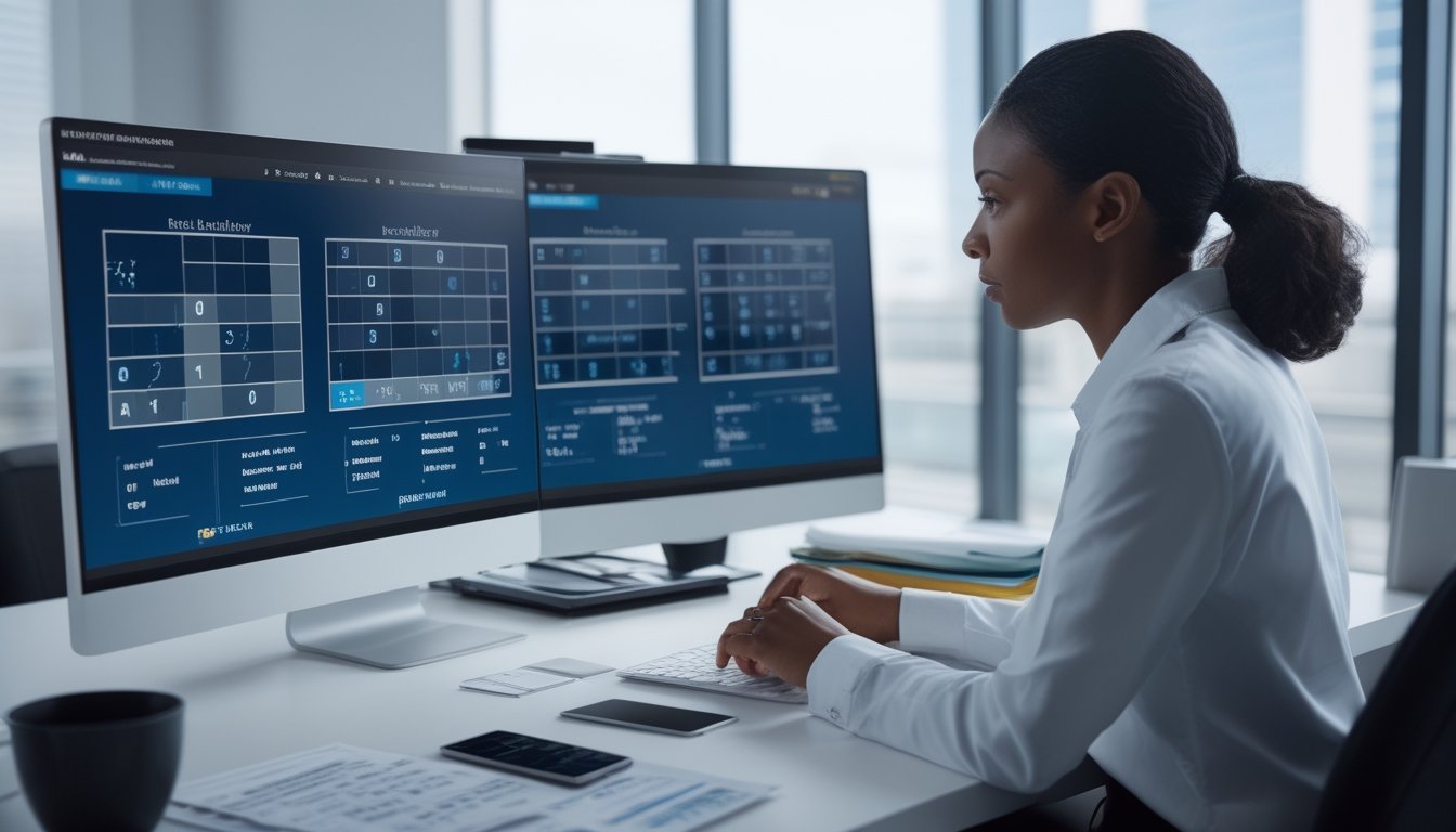 Seorang analis mempelajari grafik dan pola abstrak di ruang kerja modern.