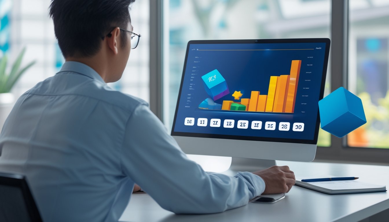 Seseorang menganalisis kubus angka tiga dimensi dan grafik probabilitas di meja kerja modern.