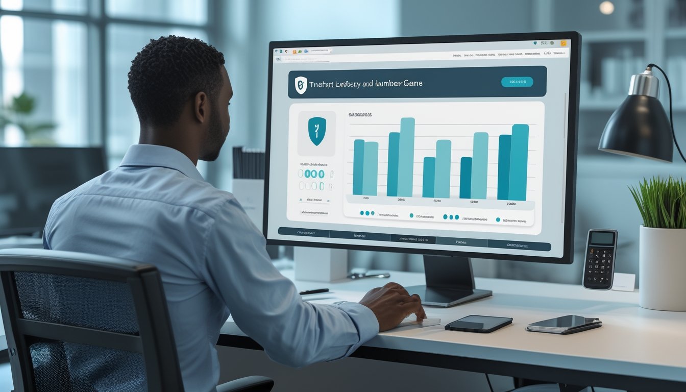 Seorang analis memeriksa platform permainan angka digital dengan perangkat keamanan dan grafik perbandingan di meja kerja.