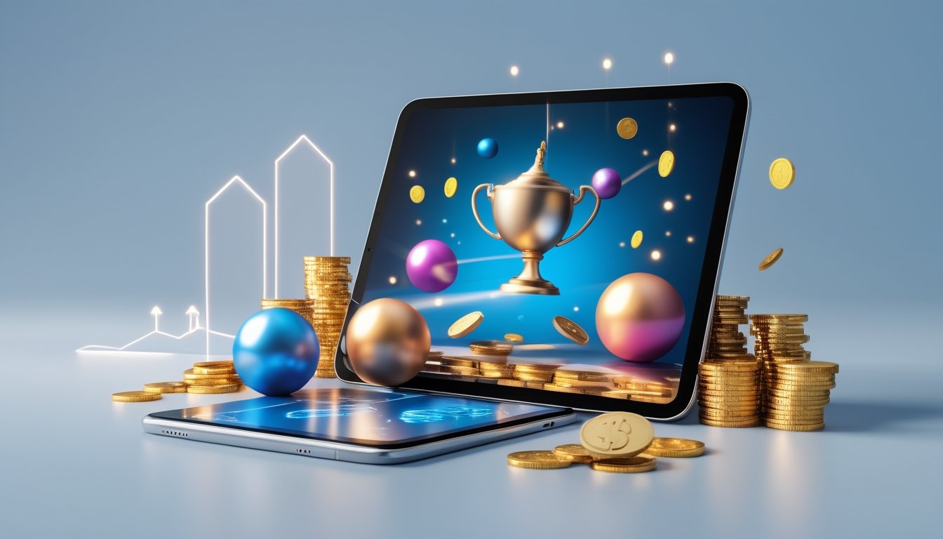 Perangkat digital menampilkan konsep hadiah undian dengan bola warna-warni, piala, dan koin emas.