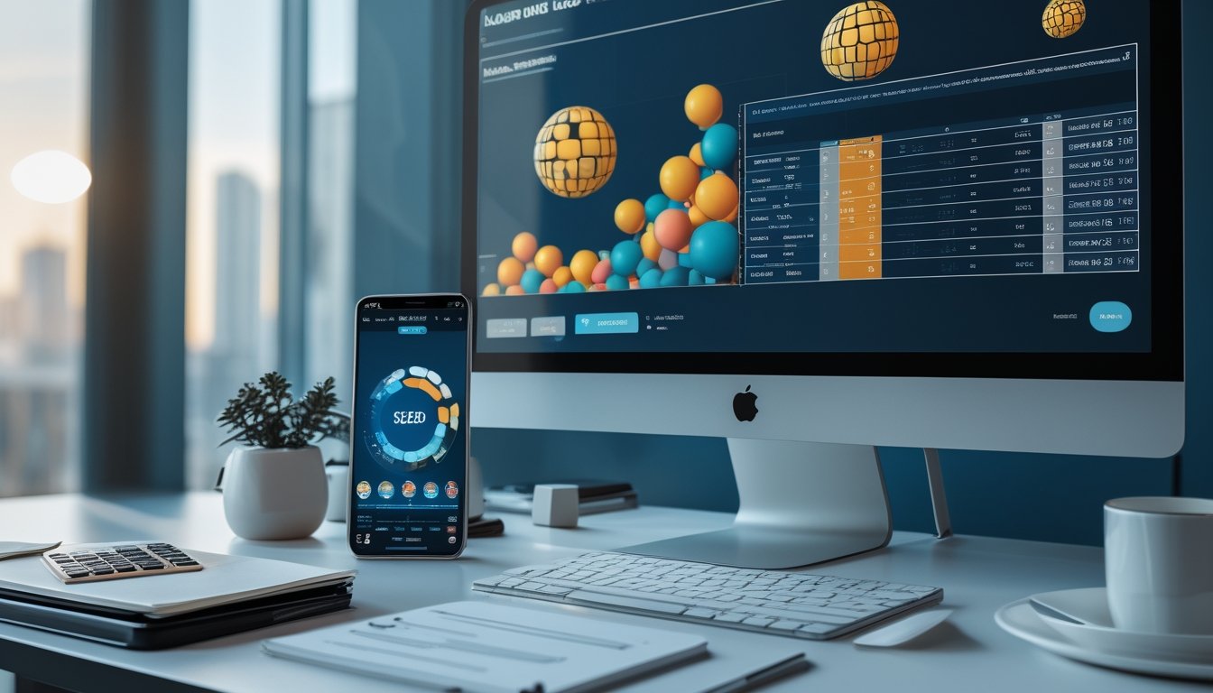 Meja kerja modern dengan monitor dan ponsel yang menampilkan bola angka tiga dimensi serta grafik abstrak.