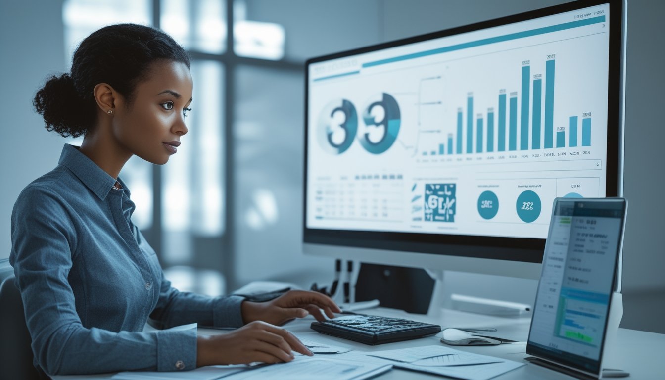 Seorang analis dewasa mempelajari grafik probabilitas dan model angka tiga dimensi di ruang kerja modern.