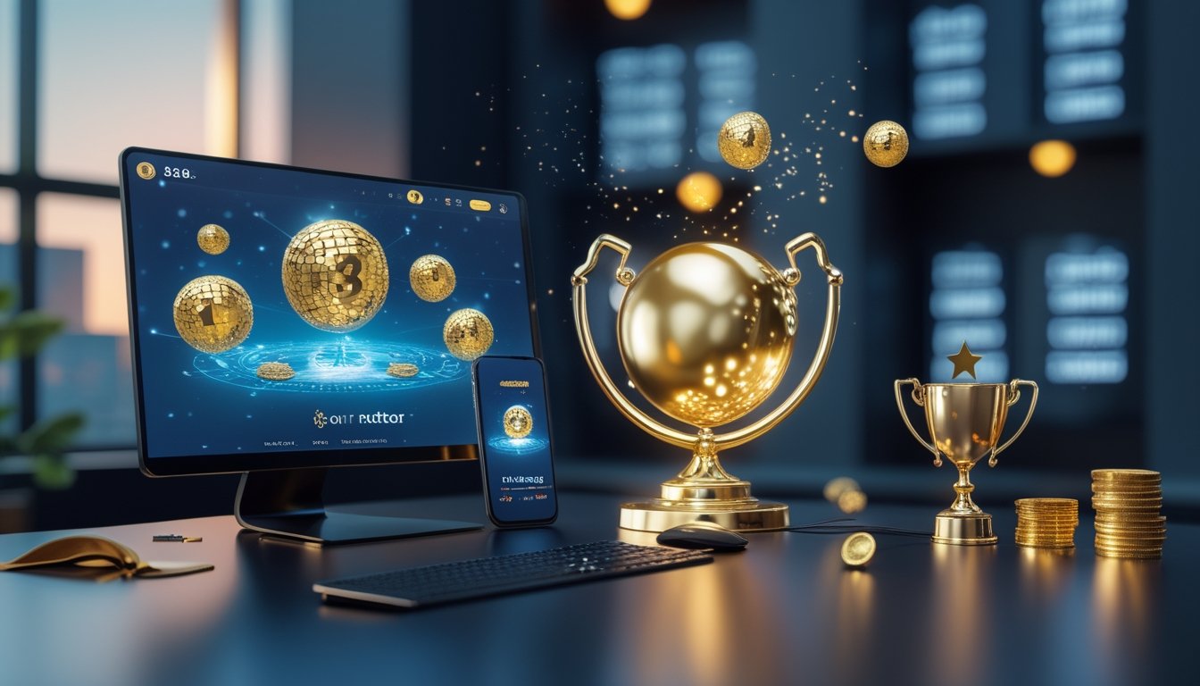 Monitor dan ponsel menampilkan konsep platform undian digital dengan bola emas, perisai keamanan, piala, dan koin.