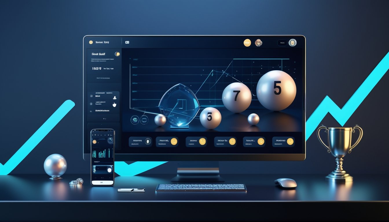 Perangkat digital menampilkan antarmuka 3D futuristis dengan simbol keamanan, grafik abstrak, dan trofi emas.