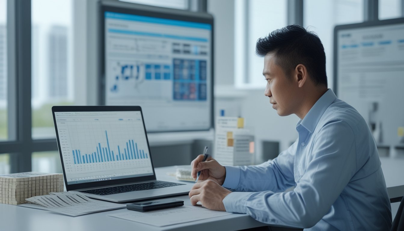 Seorang profesional menganalisis data angka di meja kerja dalam suasana kantor modern.