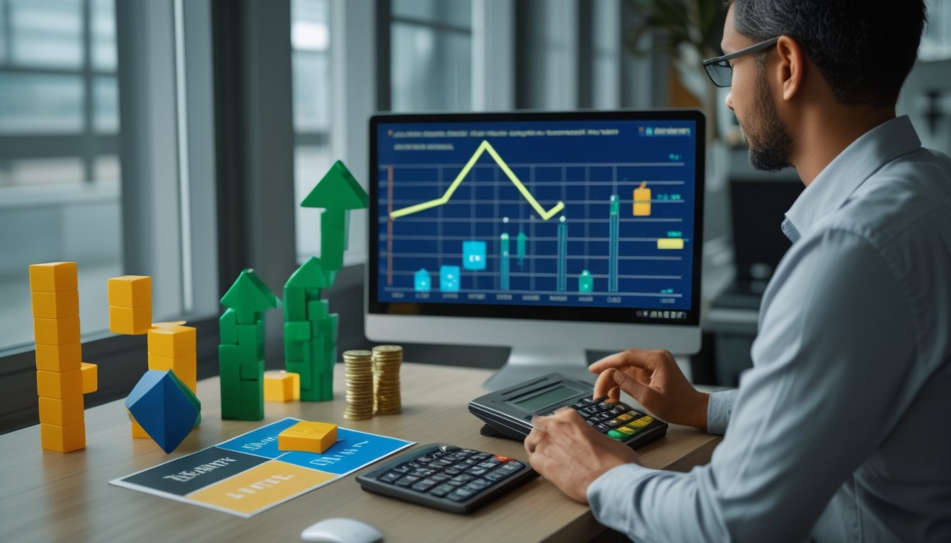 Seorang analis dewasa meninjau kubus angka 3D, grafik probabilitas, dan penanda risiko di meja kerja.