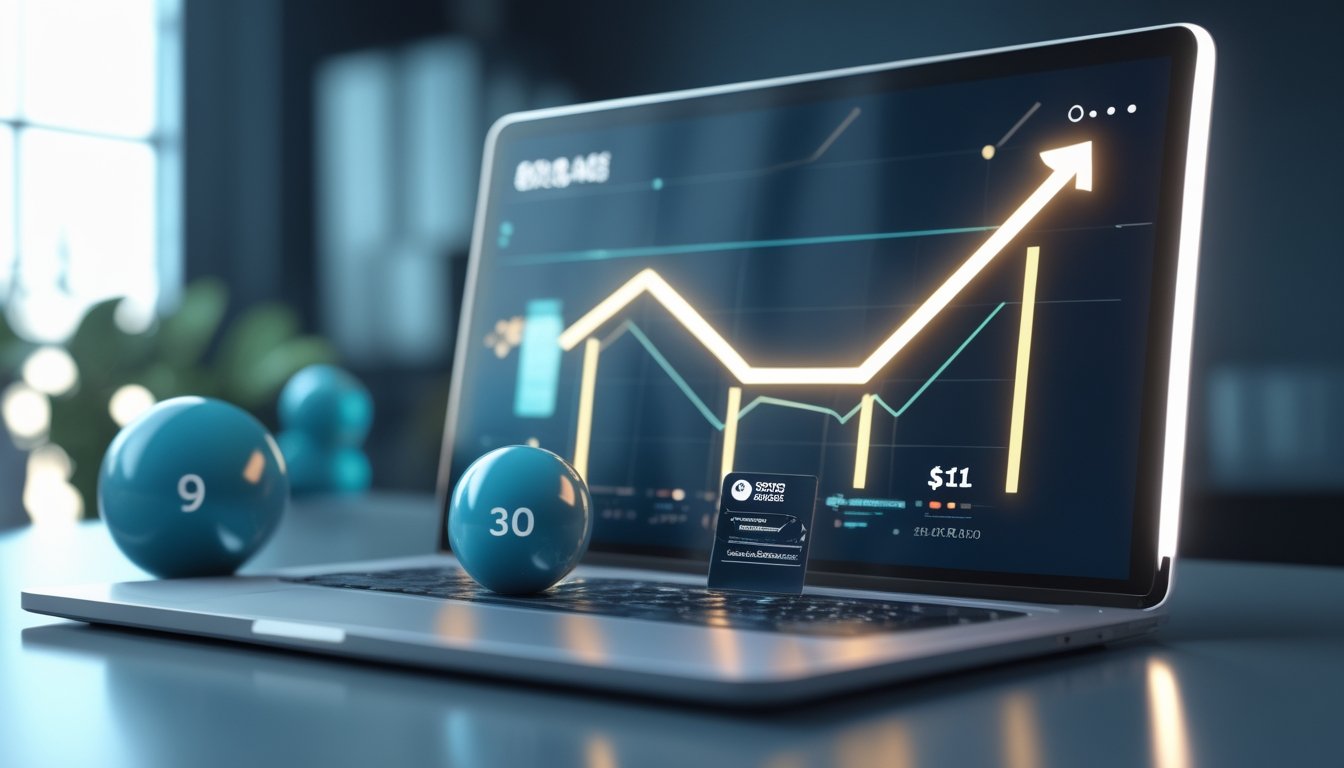 Perangkat digital menampilkan bola angka tiga dimensi dan grafik tren meningkat di meja modern.