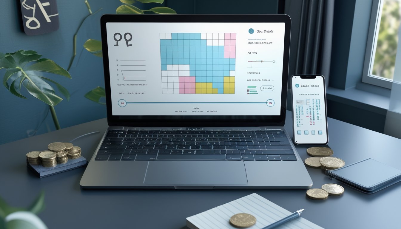 Meja kerja modern dengan laptop, ponsel, kalkulator, koin, dan grafik angka tiga dimensi abstrak.