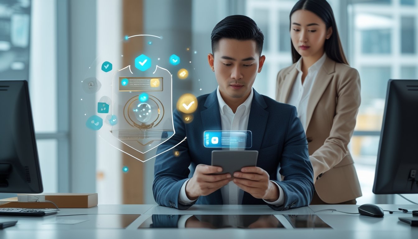 Dua profesional bekerja di kantor modern dengan tablet dan simbol visual keamanan serta pembayaran digital.