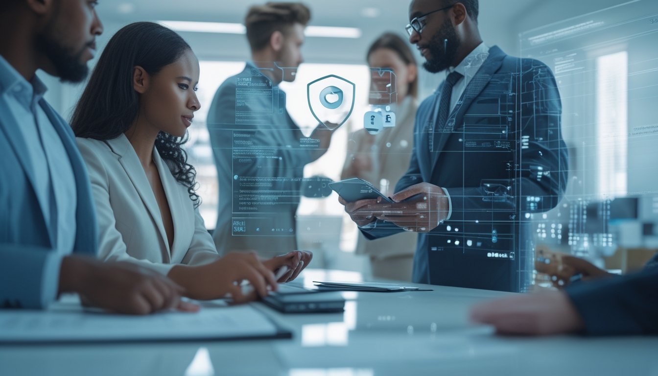 Pengguna dewasa meninjau pembayaran digital aman bersama petugas layanan pelanggan di lingkungan kantor modern.