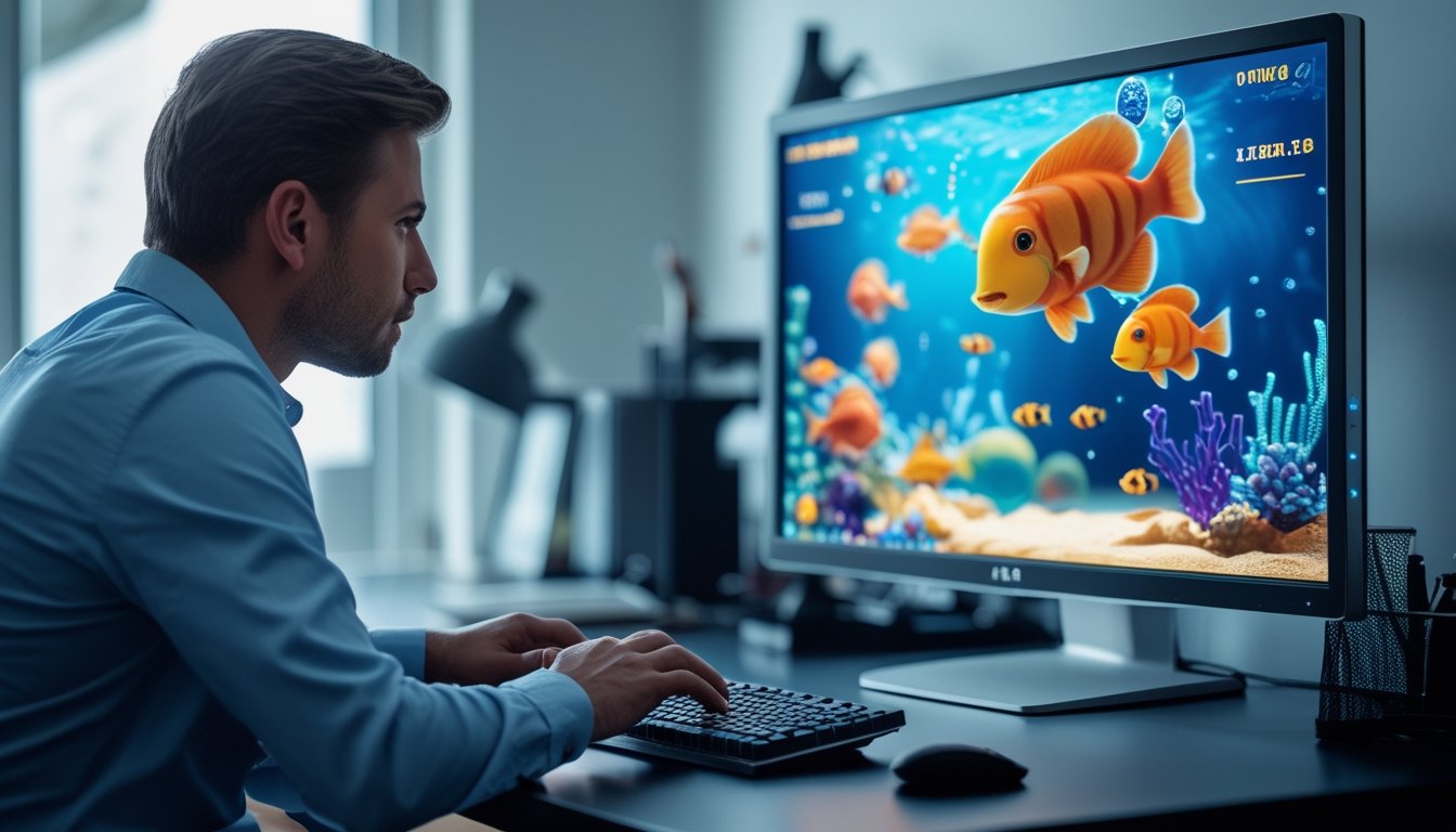 Seorang pemain menggunakan komputer untuk memainkan permainan arcade bertema ikan bawah laut.