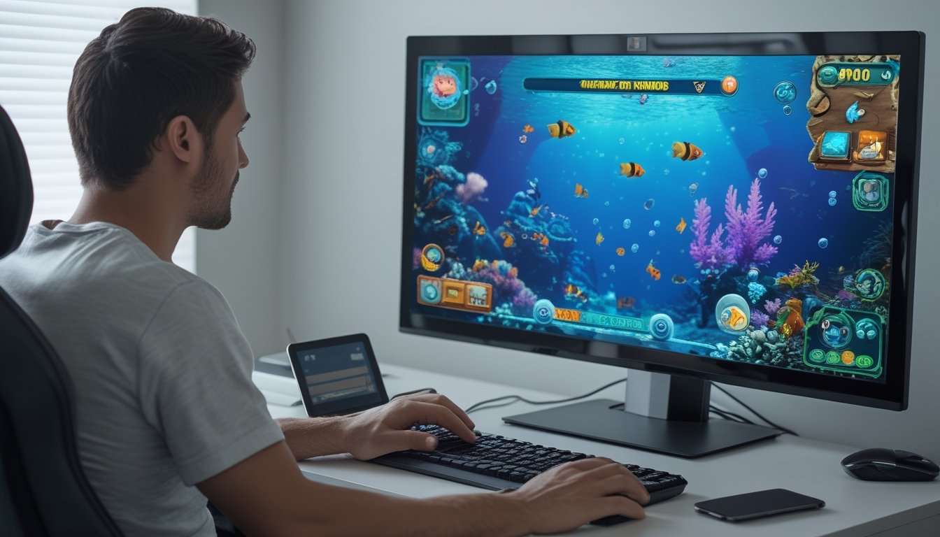 Seorang pemain mempelajari permainan tembak ikan online di depan monitor dengan catatan strategi di meja.