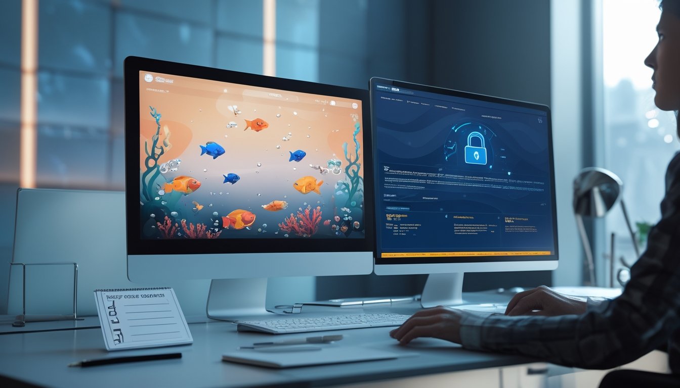 Perangkat digital menampilkan permainan ikan bawah laut dengan elemen pemeriksaan keamanan di meja kerja modern.