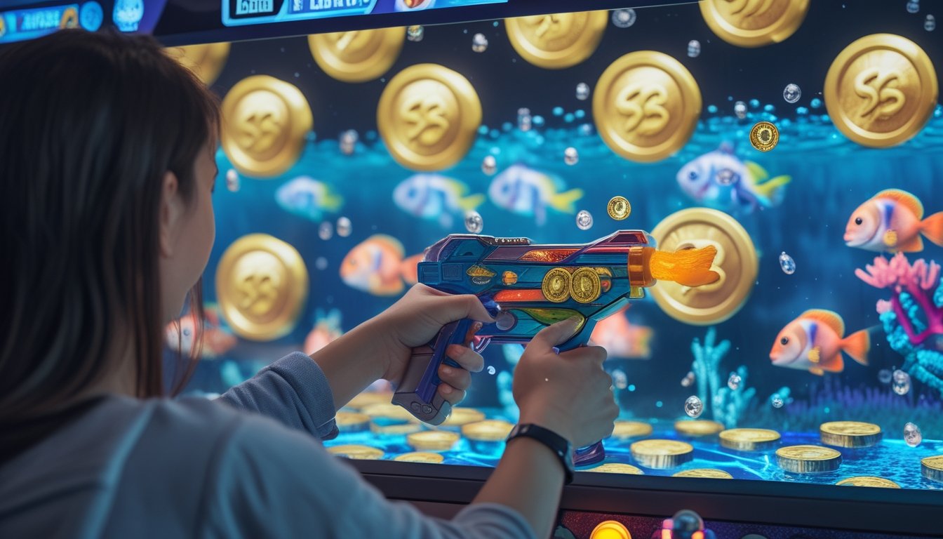 Seorang pemain fokus menembak ikan pada mesin permainan arcade dengan koin virtual emas yang terkumpul.