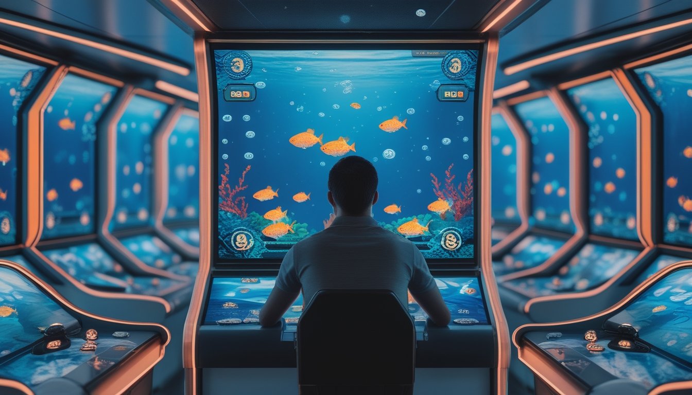 Seorang pemain fokus mengarahkan permainan tembak ikan pada ikan besar di layar arcade bawah air.