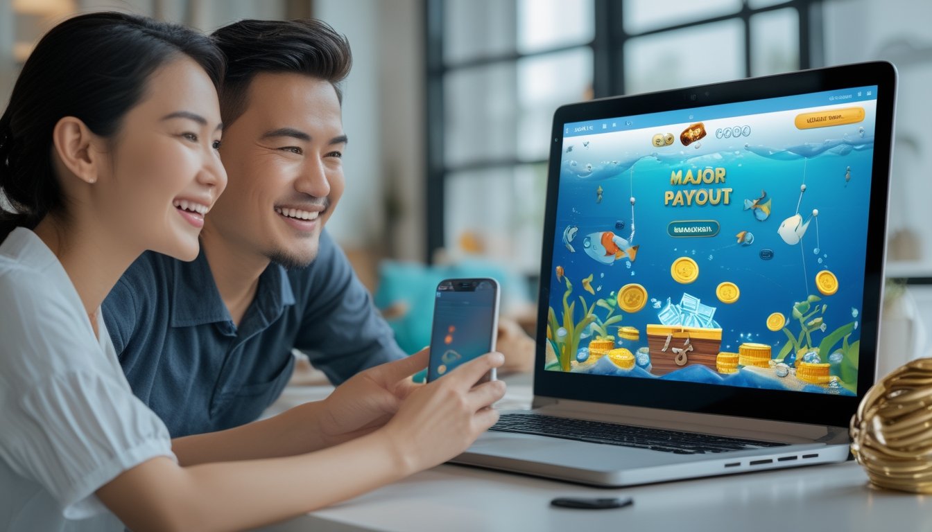 Seorang pria dan wanita melihat permainan memancing digital bertema laut di laptop dan ponsel.