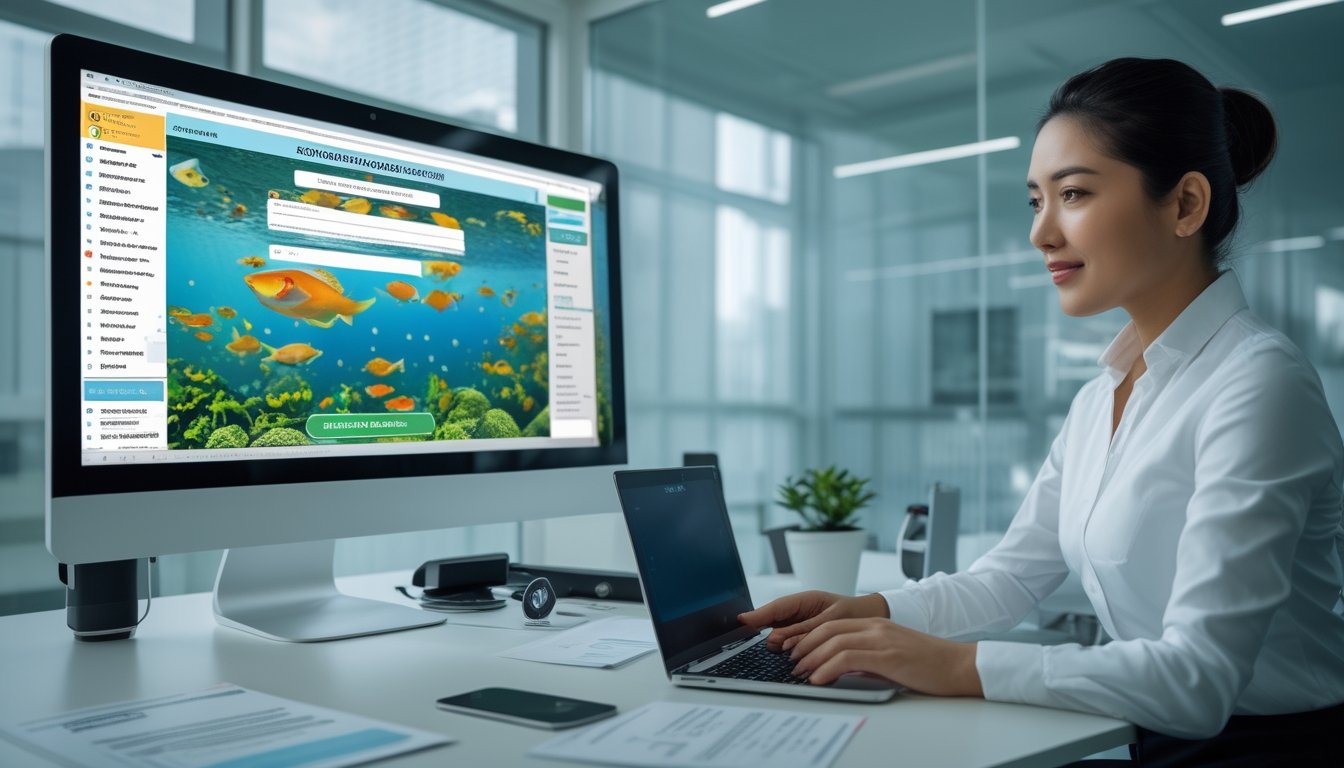 Profesional memeriksa platform permainan ikan online dengan simbol keamanan dan dokumen verifikasi di meja kerja.