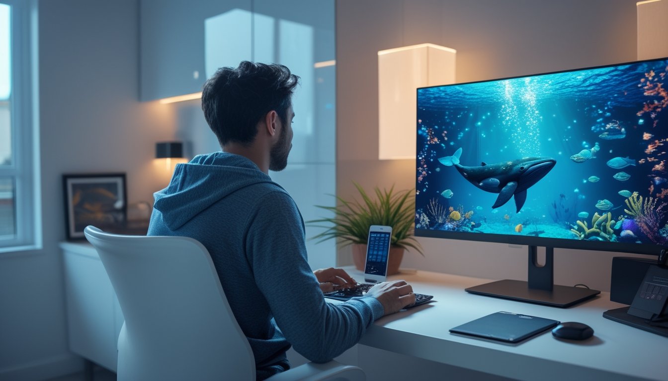 Orang dewasa memainkan permainan arcade memancing online dengan latar bawah laut dan siluet paus di layar komputer.