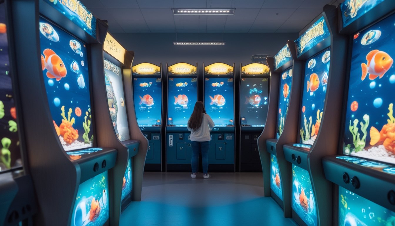 Seseorang bermain permainan tembak ikan di mesin arcade dalam ruangan dengan pencahayaan biru.