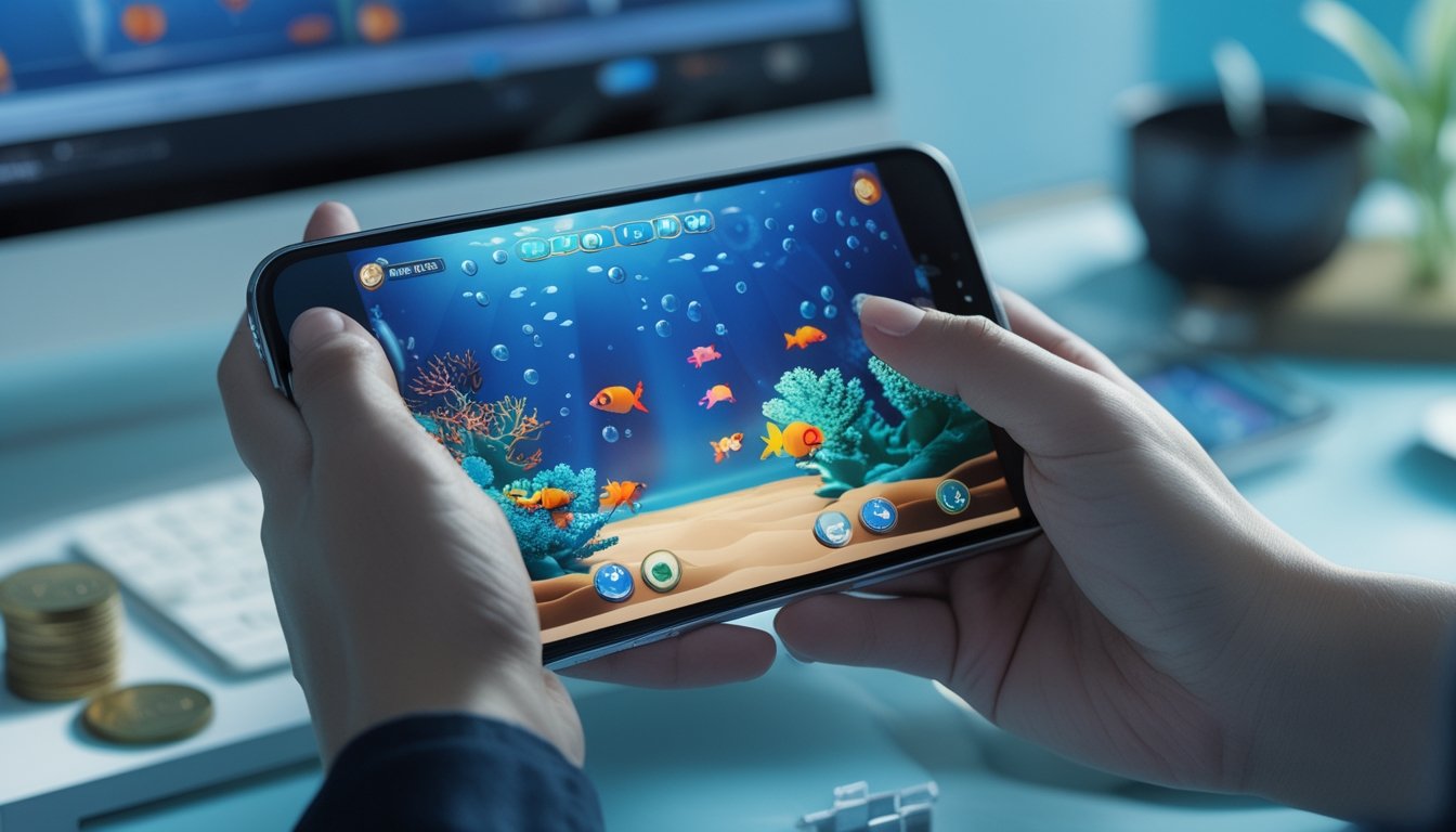 Tangan memegang ponsel yang menampilkan permainan ikan bawah laut berwarna-warni di atas meja modern.