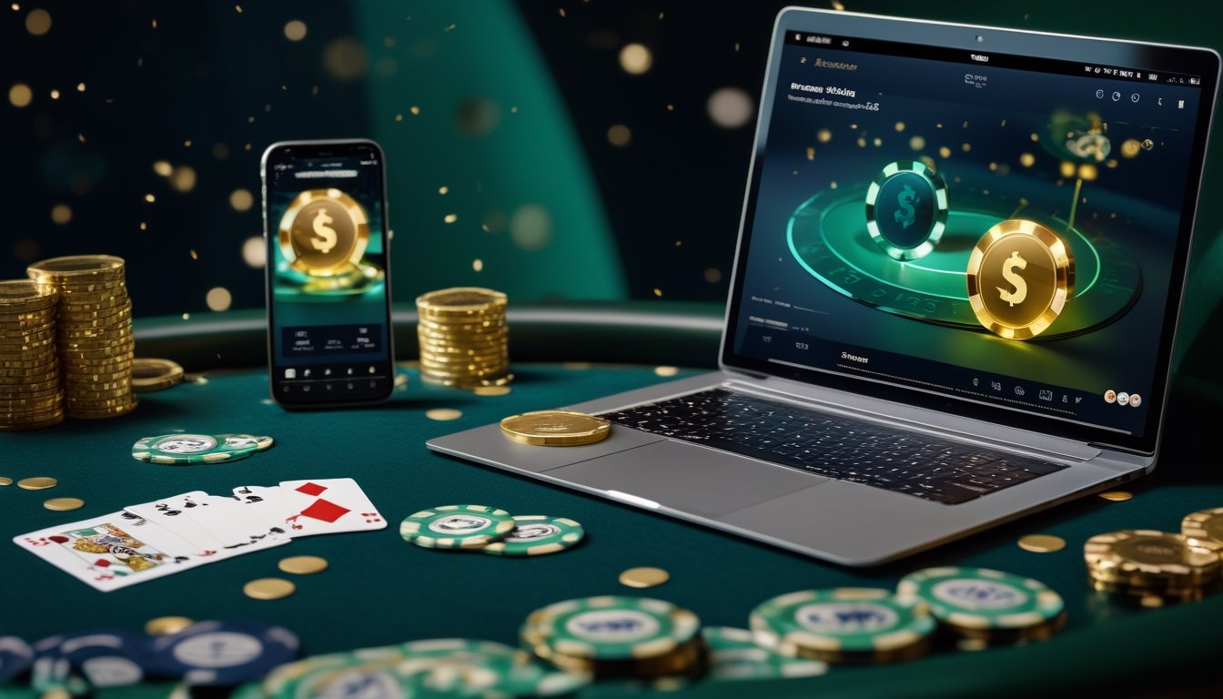 Meja poker modern dengan kartu, keping poker, laptop, ponsel, dan koin jackpot berwarna emas.